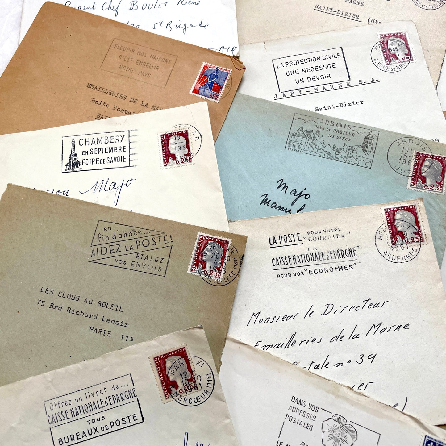 Lot of 20 vintage French envelopes from the 1960s, featuring various stamps, postmarks, and handwritten addresses.