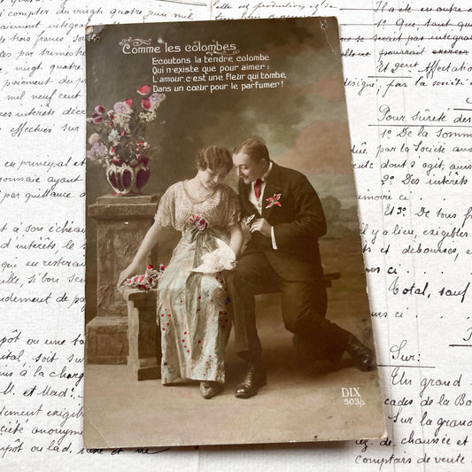 1910s - Romantic Tinted Postcard - Young Couple with White Dove - French Poem of Love - Vintage Sentimental Ephemera - Collectible Card
