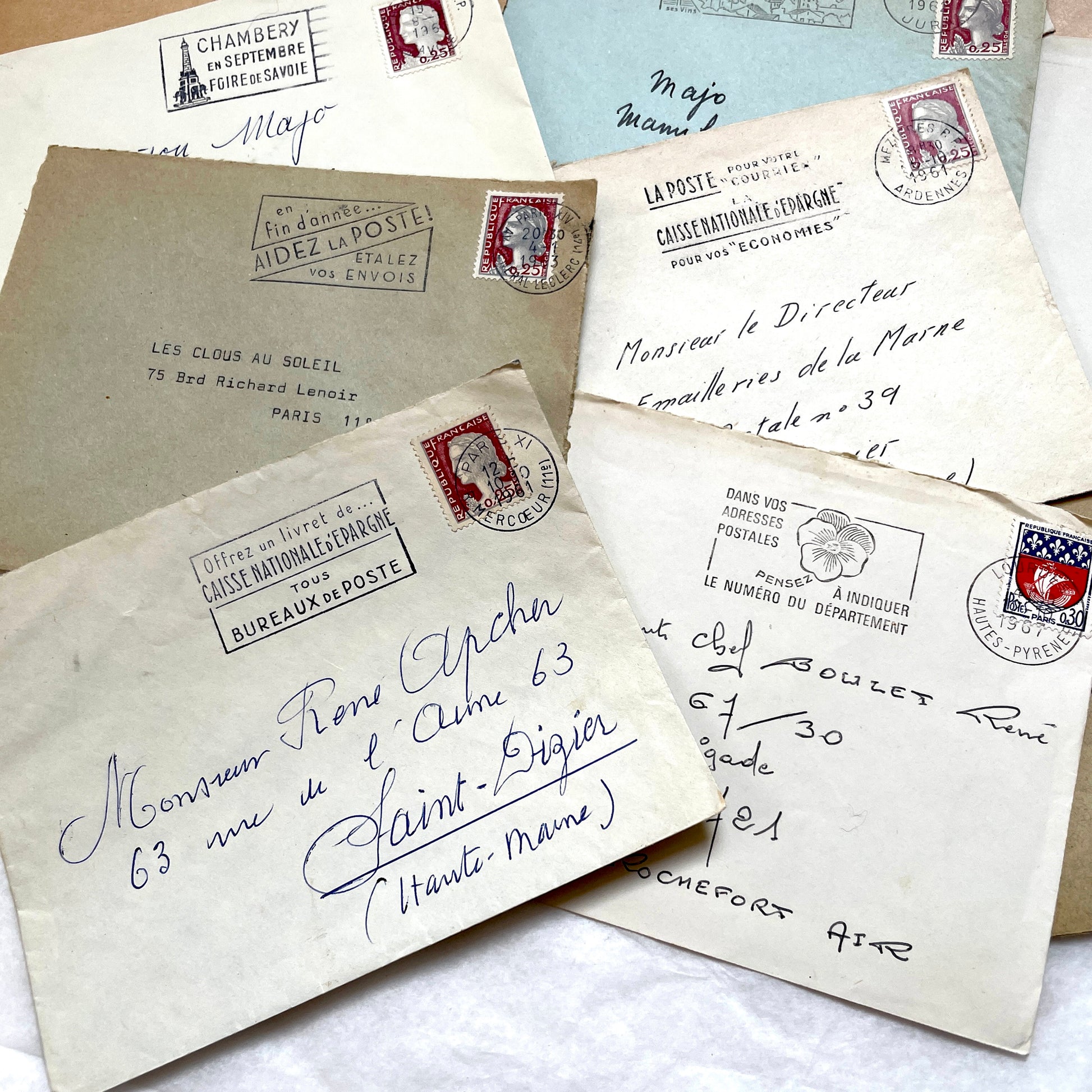 Lot of 20 vintage French envelopes from the 1960s, featuring various stamps, postmarks, and handwritten addresses.