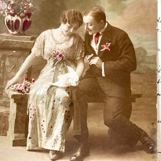 1910s - Romantic Tinted Postcard - Young Couple with White Dove - French Poem of Love - Vintage Sentimental Ephemera - Collectible Card