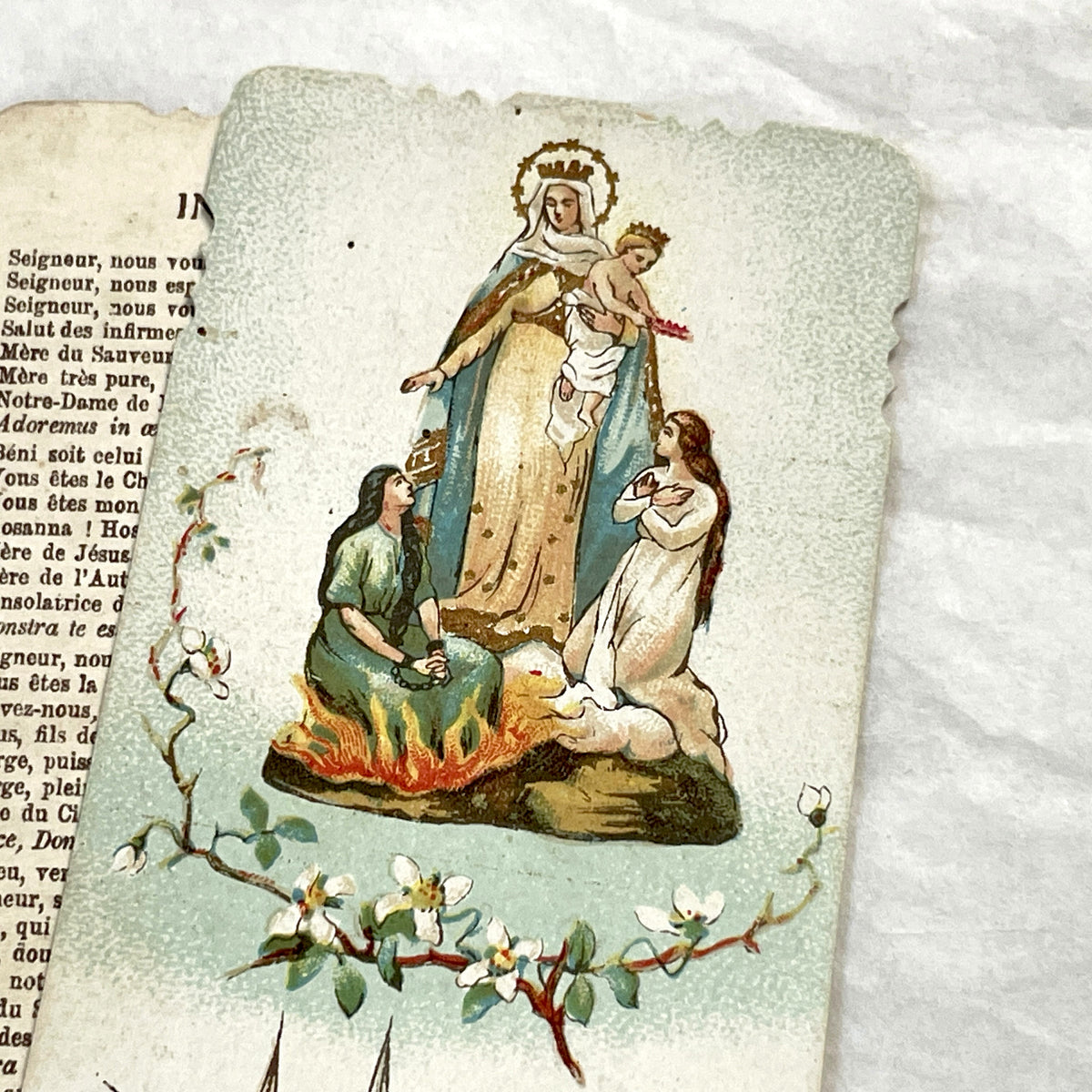 1900s - 3 Vintage French Catholic Holy Cards - Lourdes Apparitions, Prayer - Virgin Mary Devotion - Collectible Ephemera for Scrapbooking.