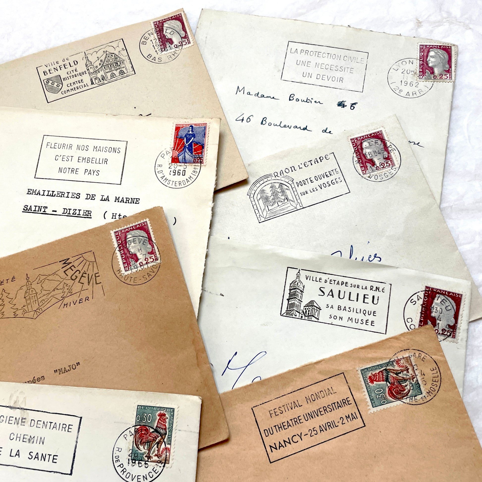 Lot of 20 vintage French envelopes from the 1960s, featuring various stamps, postmarks, and handwritten addresses.