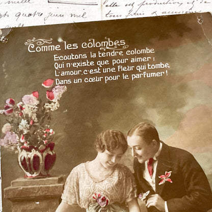 1910s - Romantic Tinted Postcard - Young Couple with White Dove - French Poem of Love - Vintage Sentimental Ephemera - Collectible Card