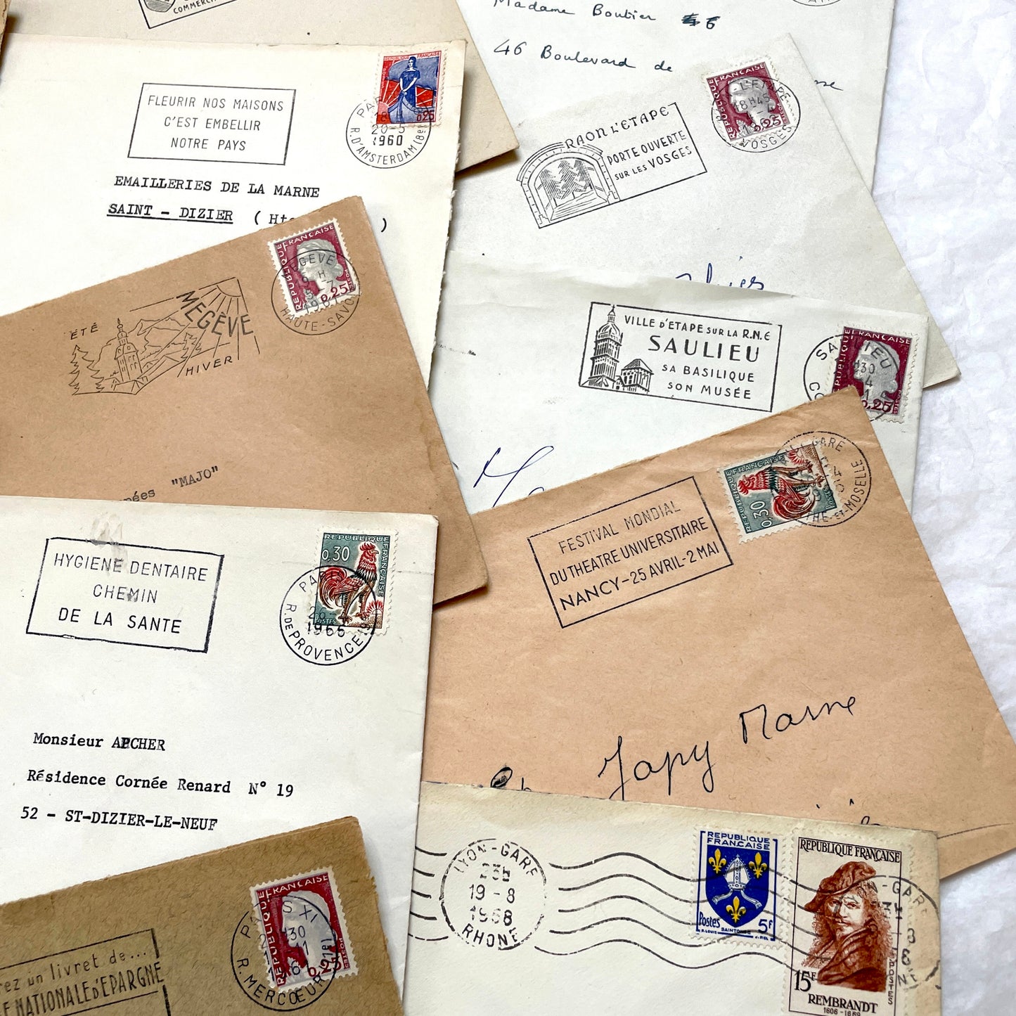 Lot of 20 vintage French envelopes from the 1960s, featuring various stamps, postmarks, and handwritten addresses.