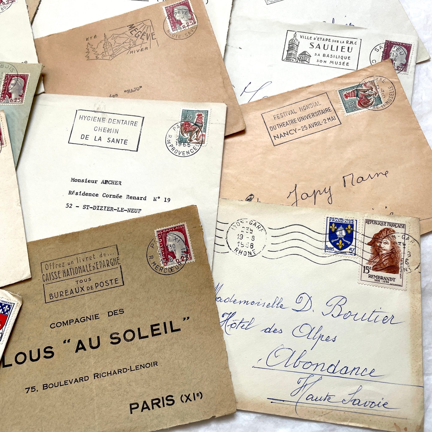Lot of 20 vintage French envelopes from the 1960s, featuring various stamps, postmarks, and handwritten addresses.