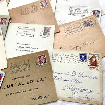 Lot of 20 vintage French envelopes from the 1960s, featuring various stamps, postmarks, and handwritten addresses.
