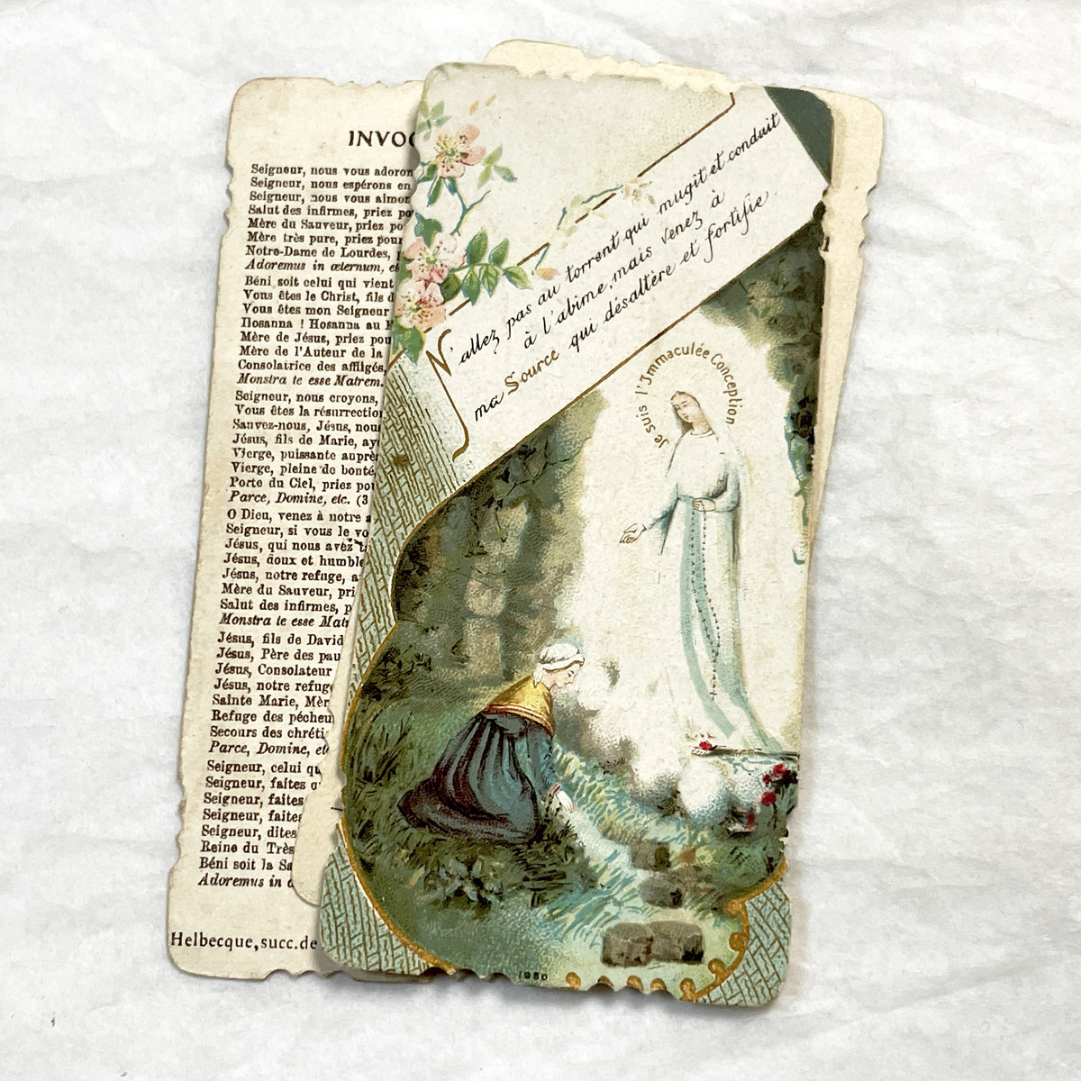 1900s - 3 Vintage French Catholic Holy Cards - Lourdes Apparitions, Prayer - Virgin Mary Devotion - Collectible Ephemera for Scrapbooking.