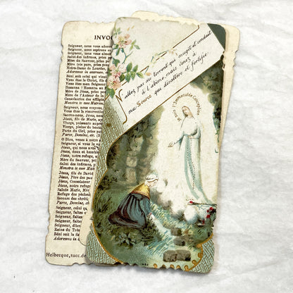 1900s - 3 Vintage French Catholic Holy Cards - Lourdes Apparitions, Prayer - Virgin Mary Devotion - Collectible Ephemera for Scrapbooking.