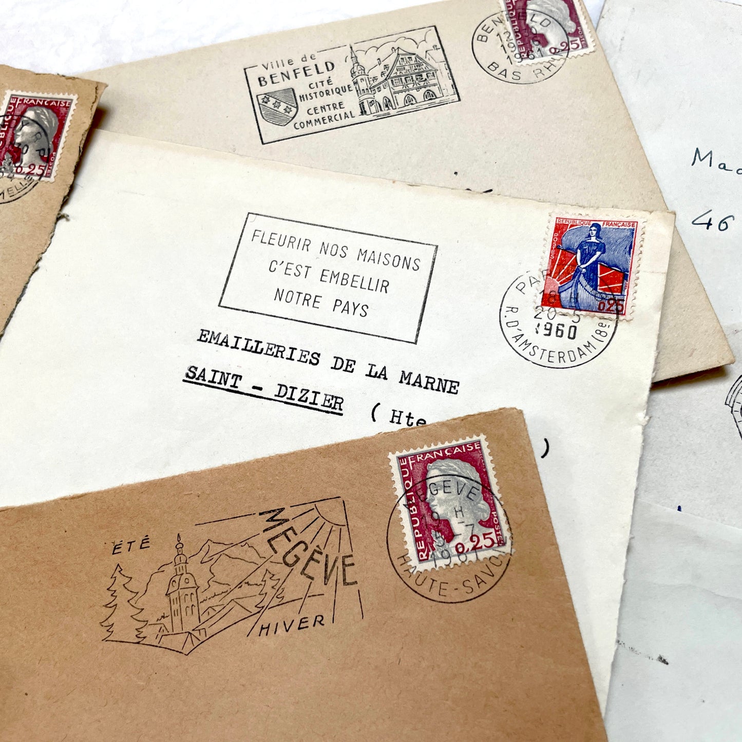 Lot of 20 vintage French envelopes from the 1960s, featuring various stamps, postmarks, and handwritten addresses.
