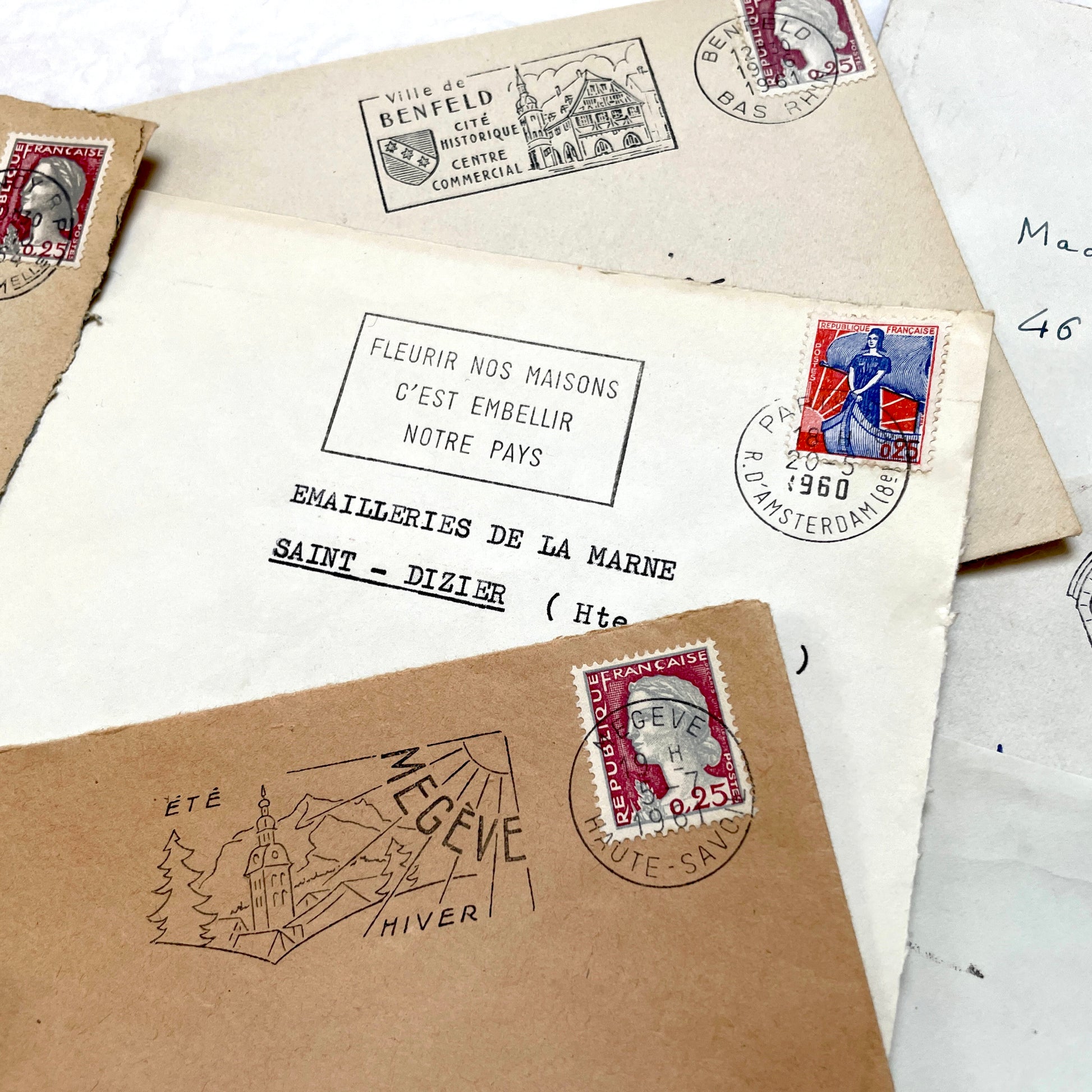 Lot of 20 vintage French envelopes from the 1960s, featuring various stamps, postmarks, and handwritten addresses.