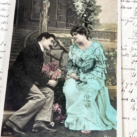 1900s - Romantic Edwardian Postcard - Tinted Courting Scene - Vintage French Love Ephemera - Antique Art Nouveau Sentimental Print - Romance