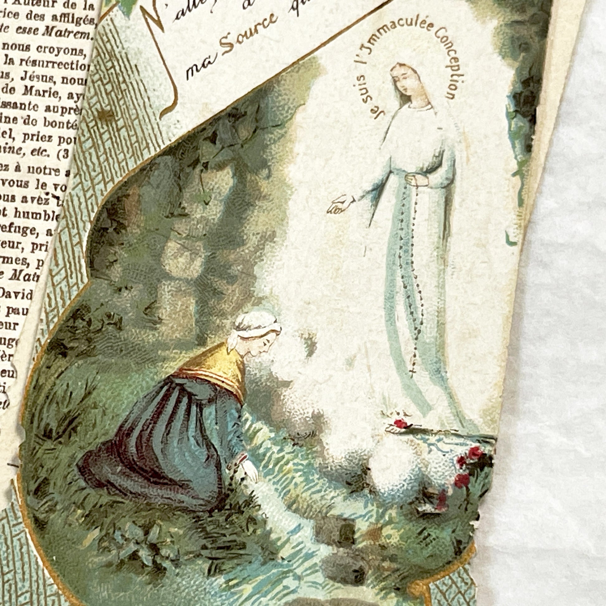 1900s - 3 Vintage French Catholic Holy Cards - Lourdes Apparitions, Prayer - Virgin Mary Devotion - Collectible Ephemera for Scrapbooking.