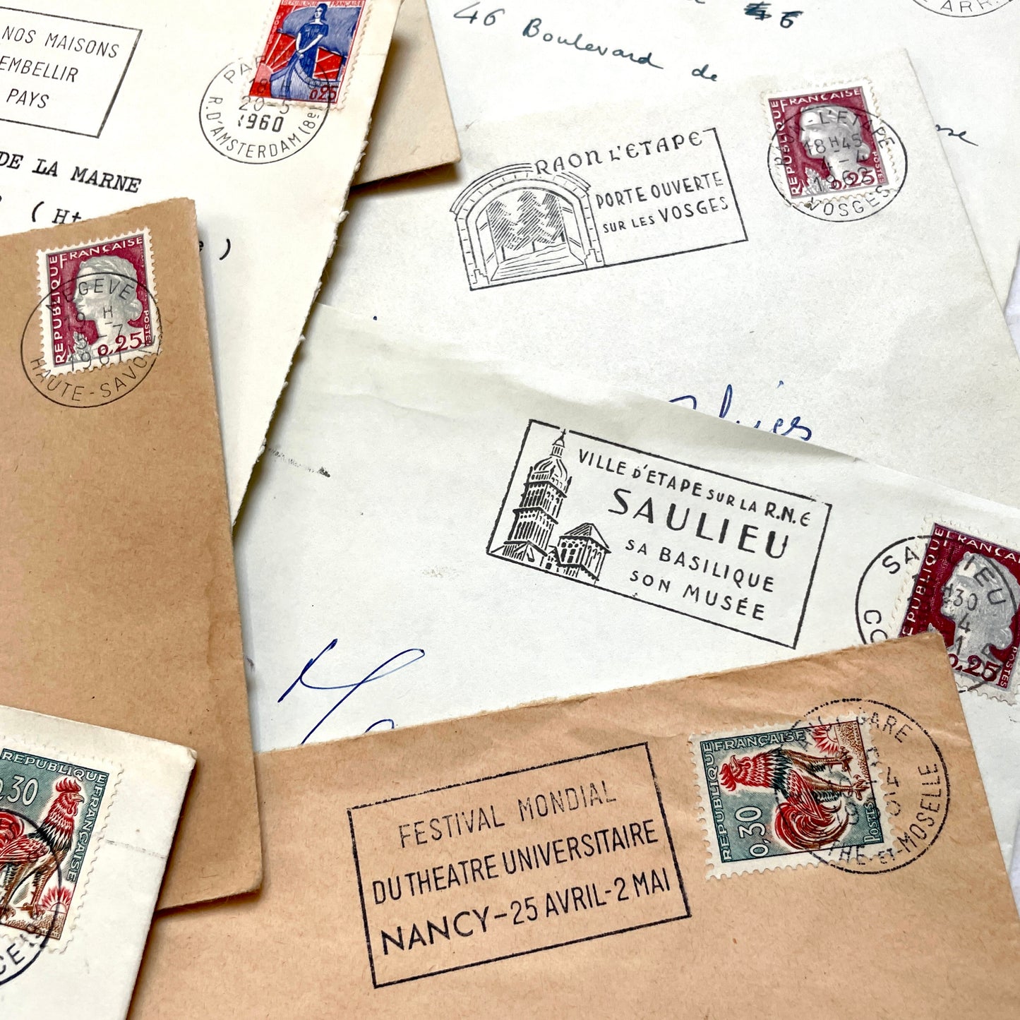 Lot of 20 vintage French envelopes from the 1960s, featuring various stamps, postmarks, and handwritten addresses.