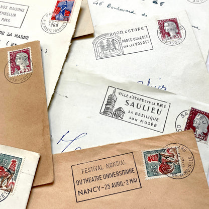 Lot of 20 vintage French envelopes from the 1960s, featuring various stamps, postmarks, and handwritten addresses.