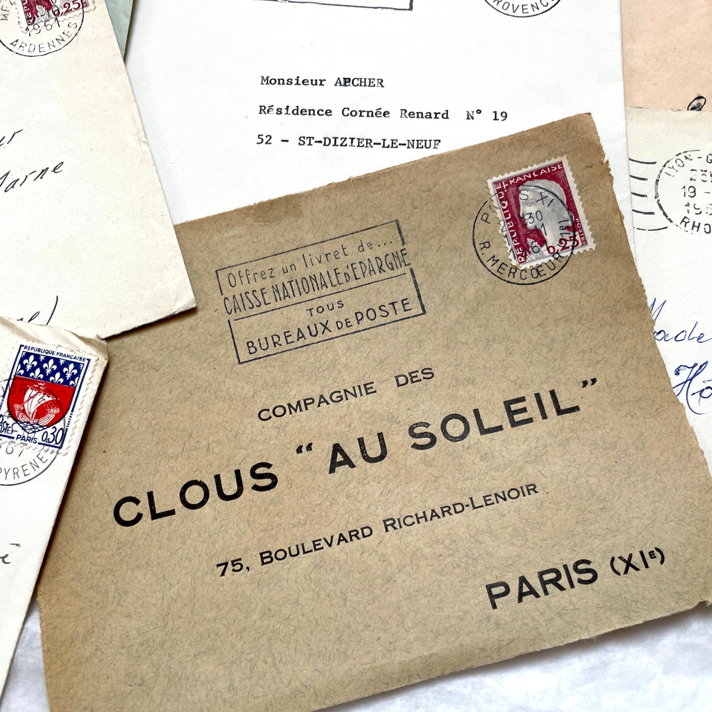 Lot of 20 vintage French envelopes from the 1960s, featuring various stamps, postmarks, and handwritten addresses.
