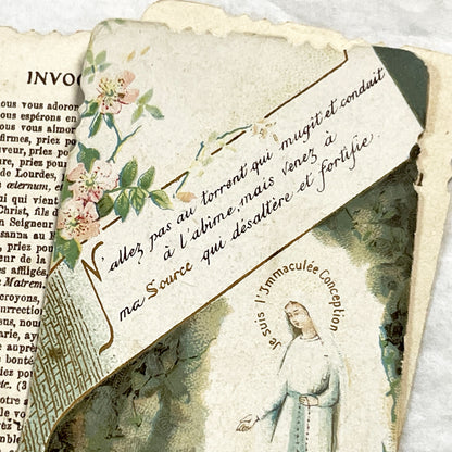 1900s - 3 Vintage French Catholic Holy Cards - Lourdes Apparitions, Prayer - Virgin Mary Devotion - Collectible Ephemera for Scrapbooking.
