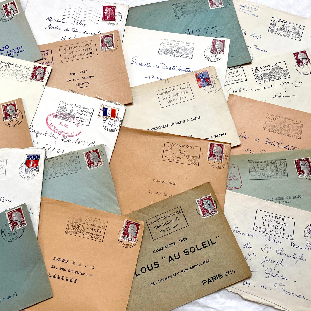 Lot of 20 vintage French envelopes from the 1960s, featuring various postmarks and sender details.