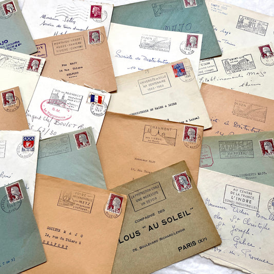 Lot of 20 vintage French envelopes from the 1960s, featuring various postmarks and sender details.