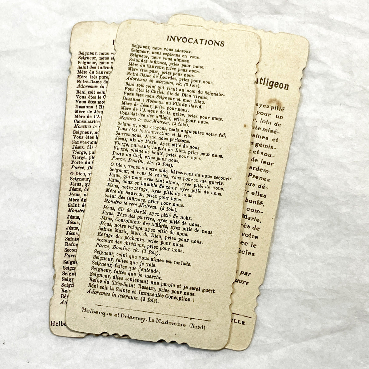 1900s - 3 Vintage French Catholic Holy Cards - Lourdes Apparitions, Prayer - Virgin Mary Devotion - Collectible Ephemera for Scrapbooking.