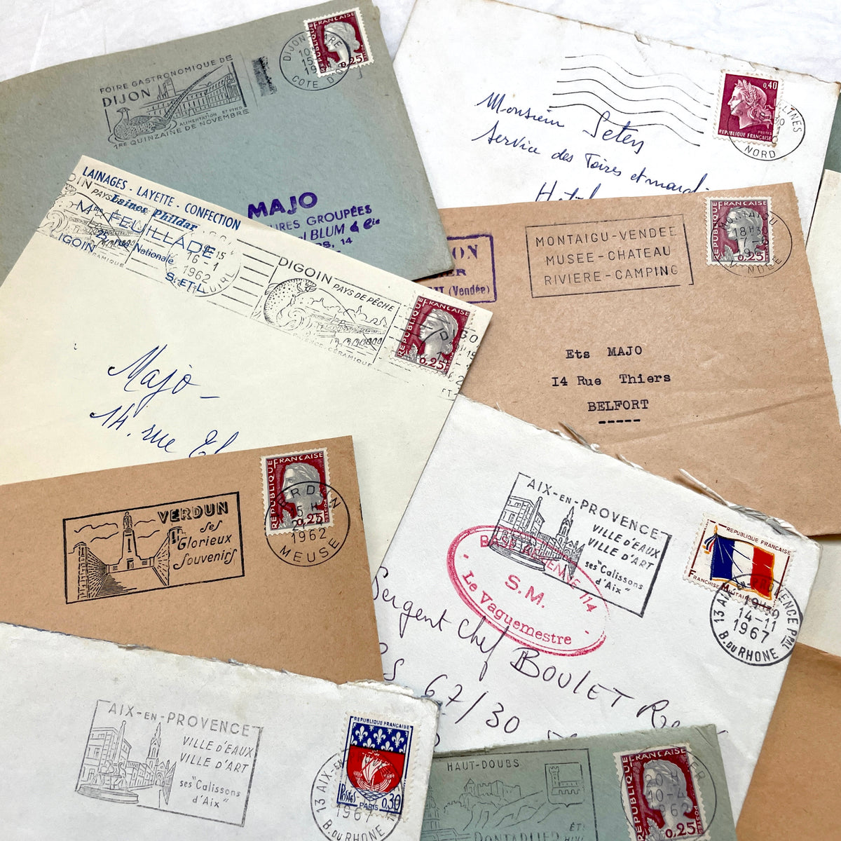 Lot of 20 vintage French envelopes from the 1960s, featuring various postmarks and sender details.