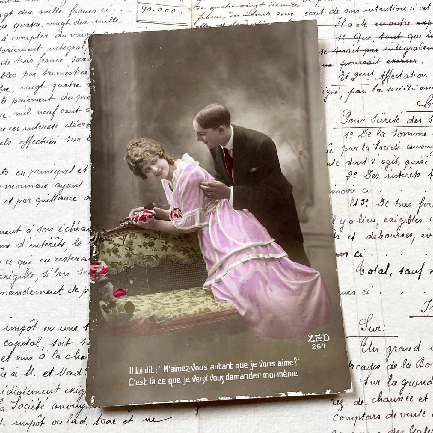 1910s - Romantic Vintage Postcard - Hand Tinted French Love Quote Couple Portrait - Edwardian Era Flirtation Studio Scene