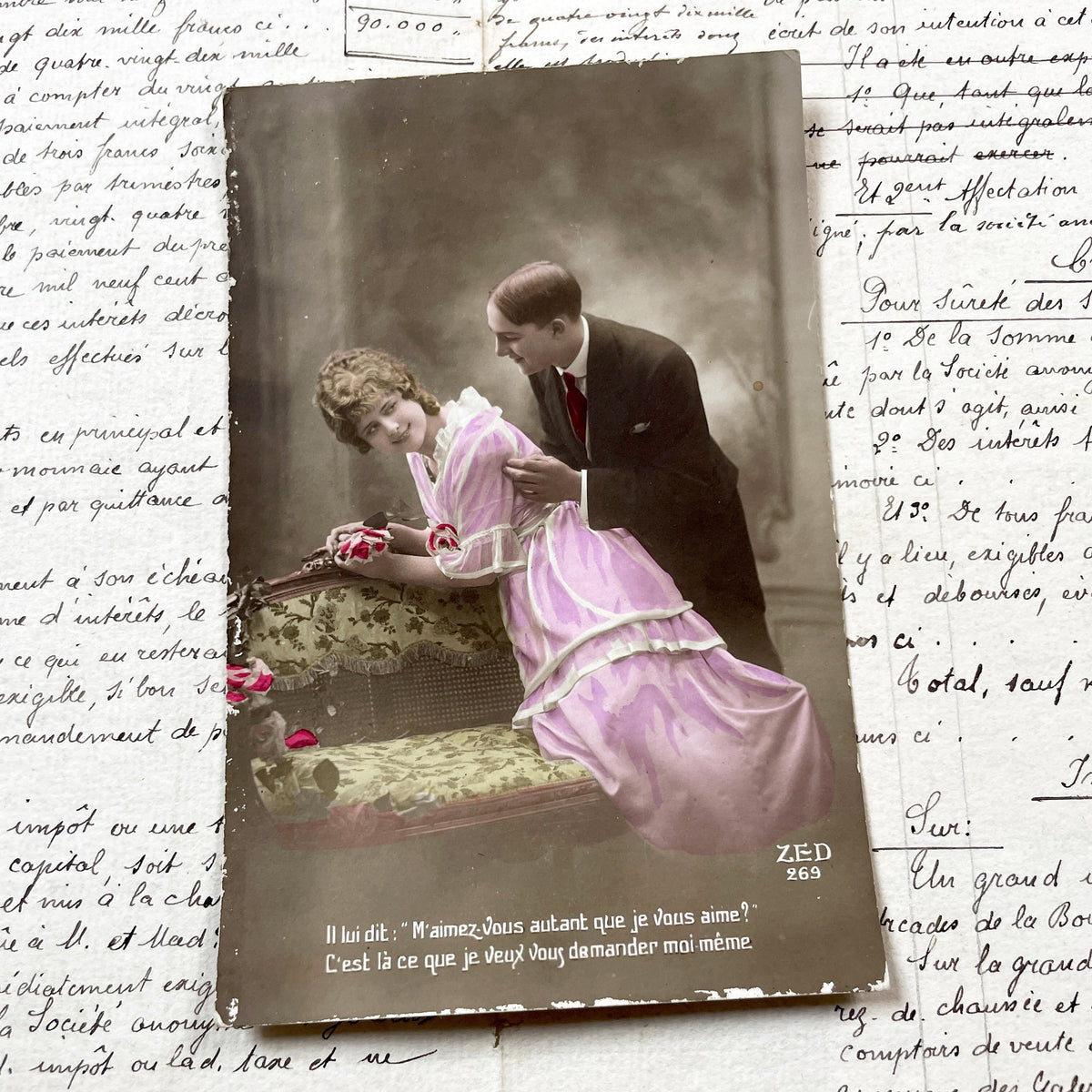1910s - Romantic Vintage Postcard - Hand Tinted French Love Quote Couple Portrait - Edwardian Era Flirtation Studio Scene
