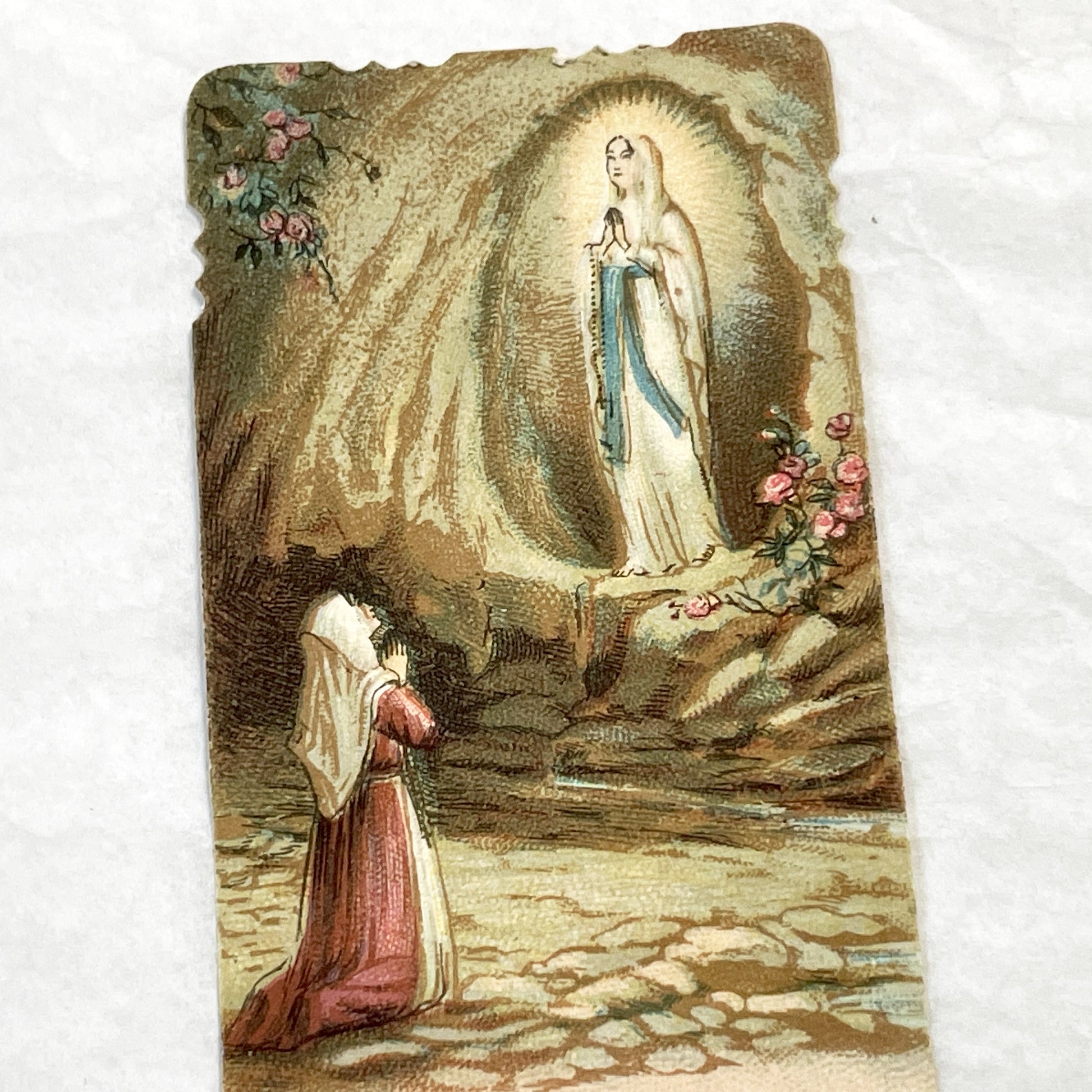 1900s - 3 Vintage French Religious Holy Cards Lourdes Apparitions - Our Lady of Oak Devotional Prayer Chromos - Antique Ephemera Set