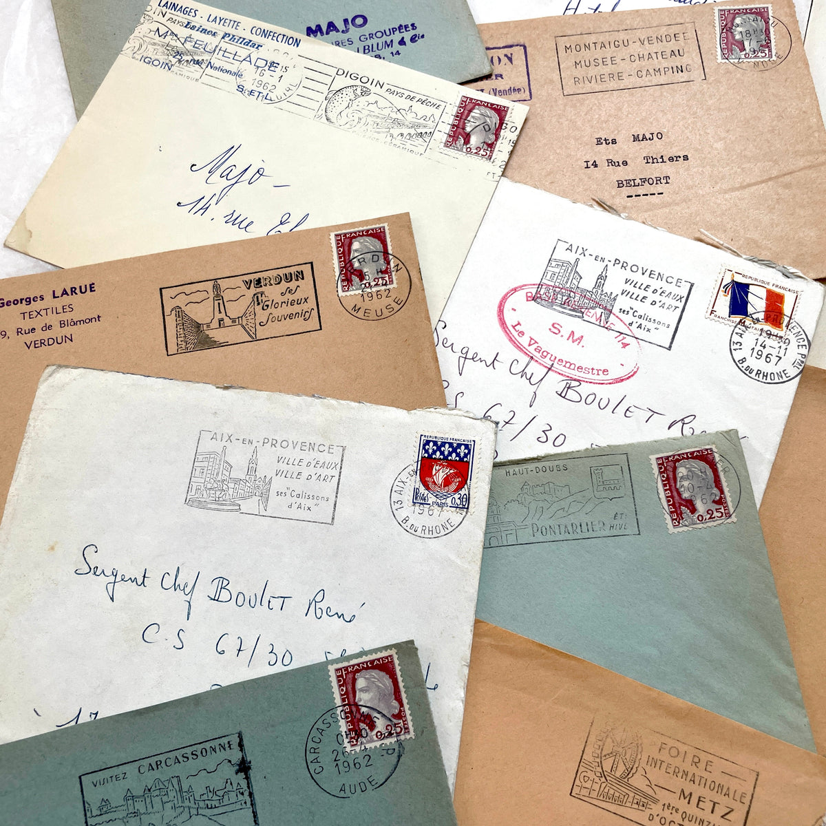 Lot of 20 vintage French envelopes from the 1960s, featuring various postmarks and sender details.