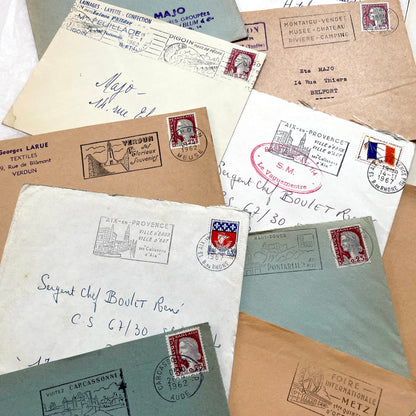 Lot of 20 vintage French envelopes from the 1960s, featuring various postmarks and sender details.