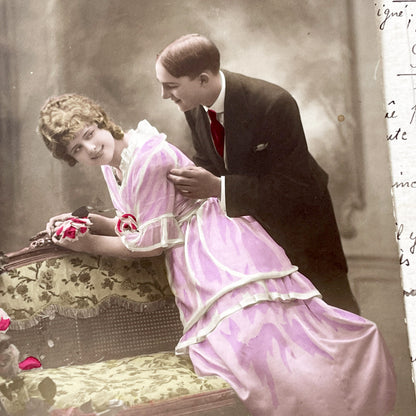1910s - Romantic Vintage Postcard - Hand Tinted French Love Quote Couple Portrait - Edwardian Era Flirtation Studio Scene