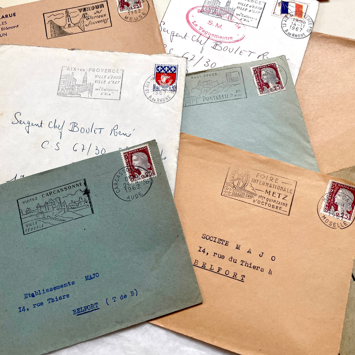 Lot of 20 vintage French envelopes from the 1960s, featuring various postmarks and sender details.