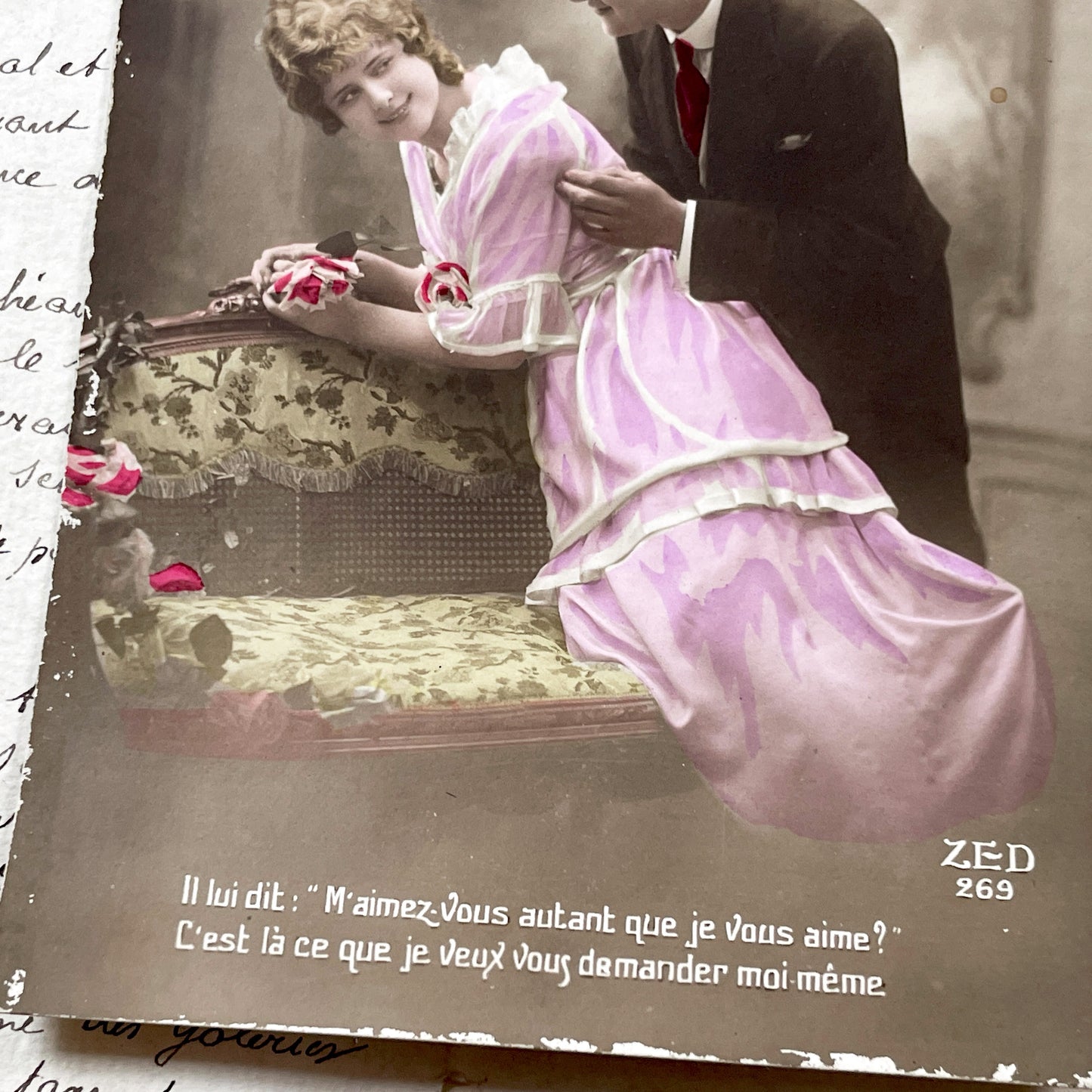 1910s - Romantic Vintage Postcard - Hand Tinted French Love Quote Couple Portrait - Edwardian Era Flirtation Studio Scene