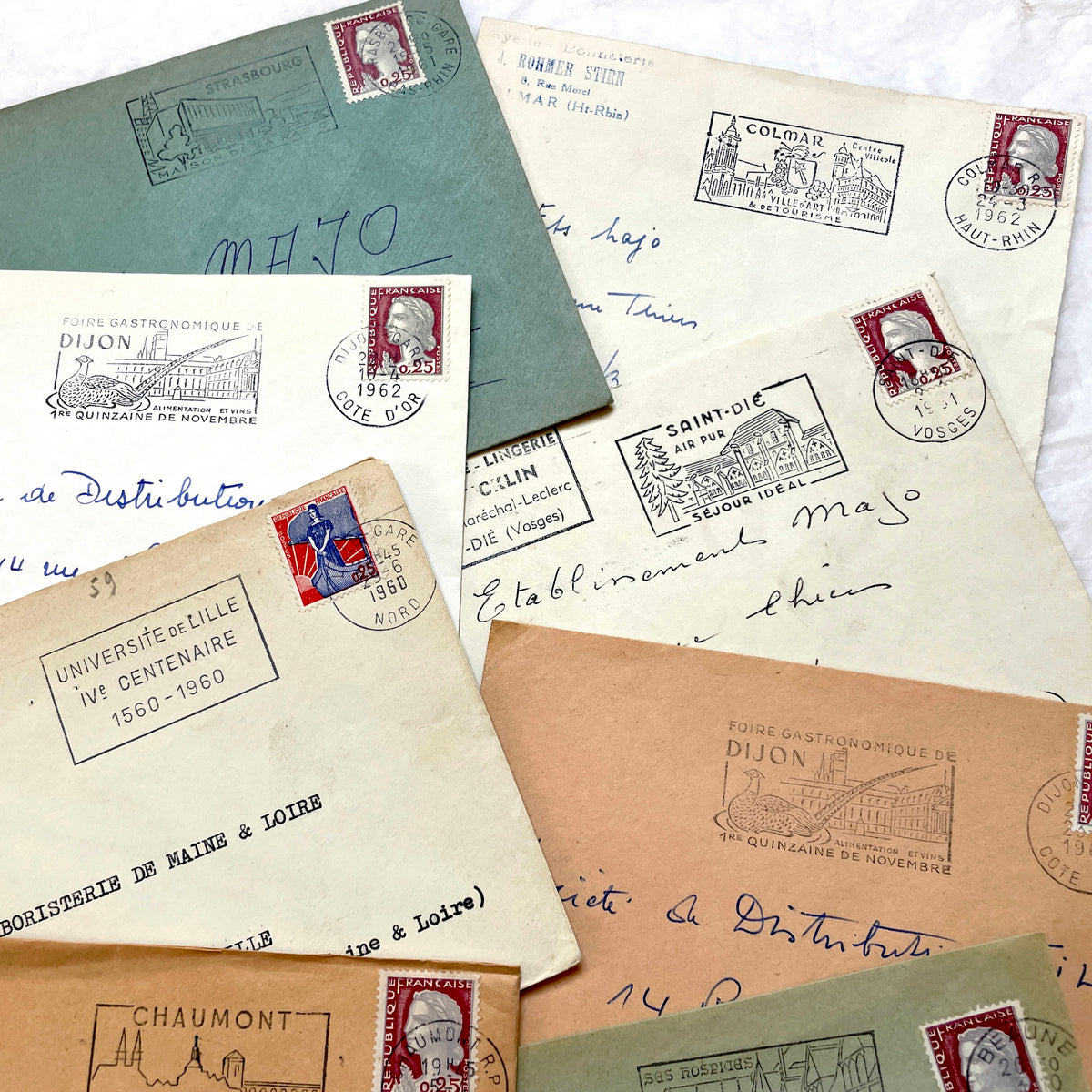 Lot of 20 vintage French envelopes from the 1960s, featuring various postmarks and sender details.