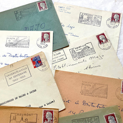 Lot of 20 vintage French envelopes from the 1960s, featuring various postmarks and sender details.
