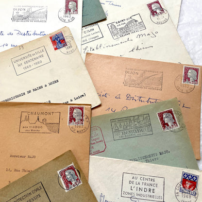 Lot of 20 vintage French envelopes from the 1960s, featuring various postmarks and sender details.