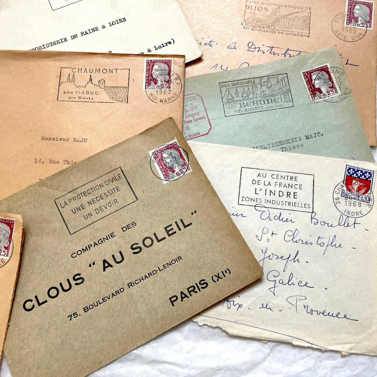 Lot of 20 vintage French envelopes from the 1960s, featuring various postmarks and sender details.