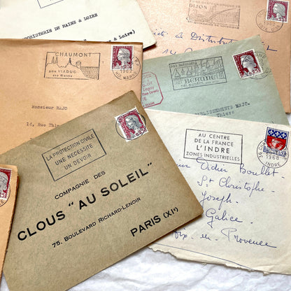 Lot of 20 vintage French envelopes from the 1960s, featuring various postmarks and sender details.