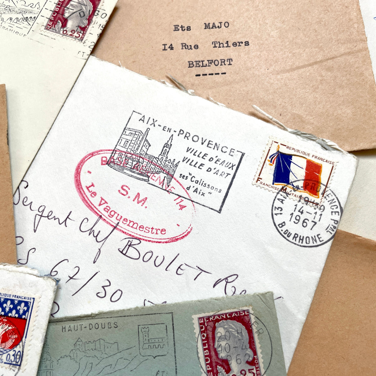 Lot of 20 vintage French envelopes from the 1960s, featuring various postmarks and sender details.