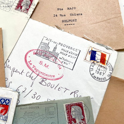 Lot of 20 vintage French envelopes from the 1960s, featuring various postmarks and sender details.