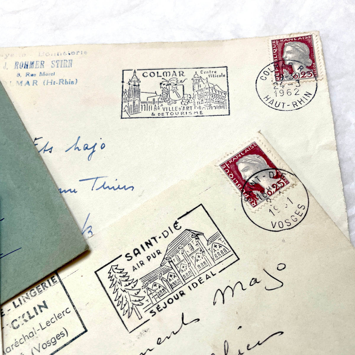Lot of 20 vintage French envelopes from the 1960s, featuring various postmarks and sender details.