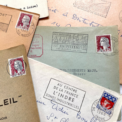 Lot of 20 vintage French envelopes from the 1960s, featuring various postmarks and sender details.