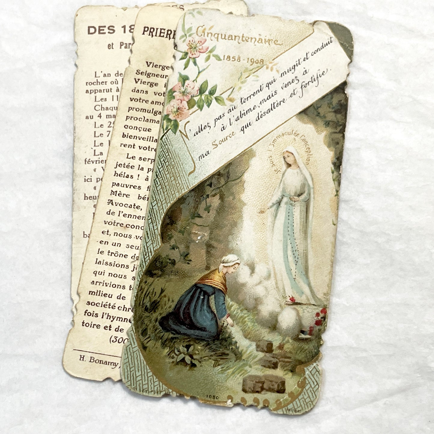 1900s - 3 Vintage French Religious Holy Cards Lourdes Apparitions - Our Lady of Oak Devotional Prayer Chromos - Antique Ephemera Set