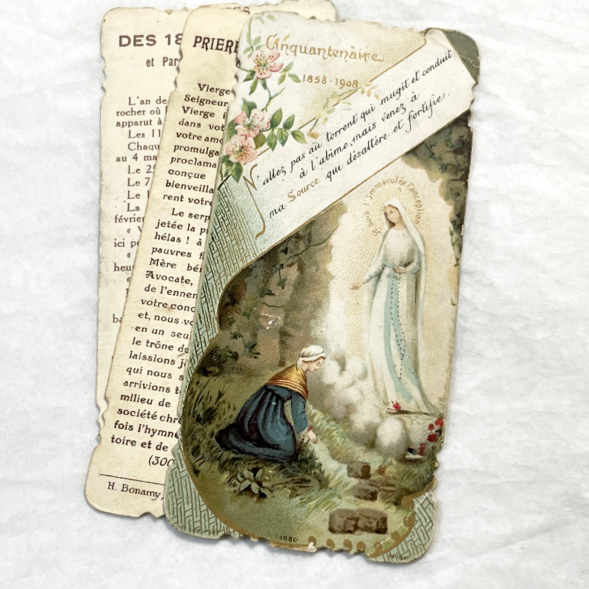 1900s - 3 Vintage French Religious Holy Cards Lourdes Apparitions - Our Lady of Oak Devotional Prayer Chromos - Antique Ephemera Set