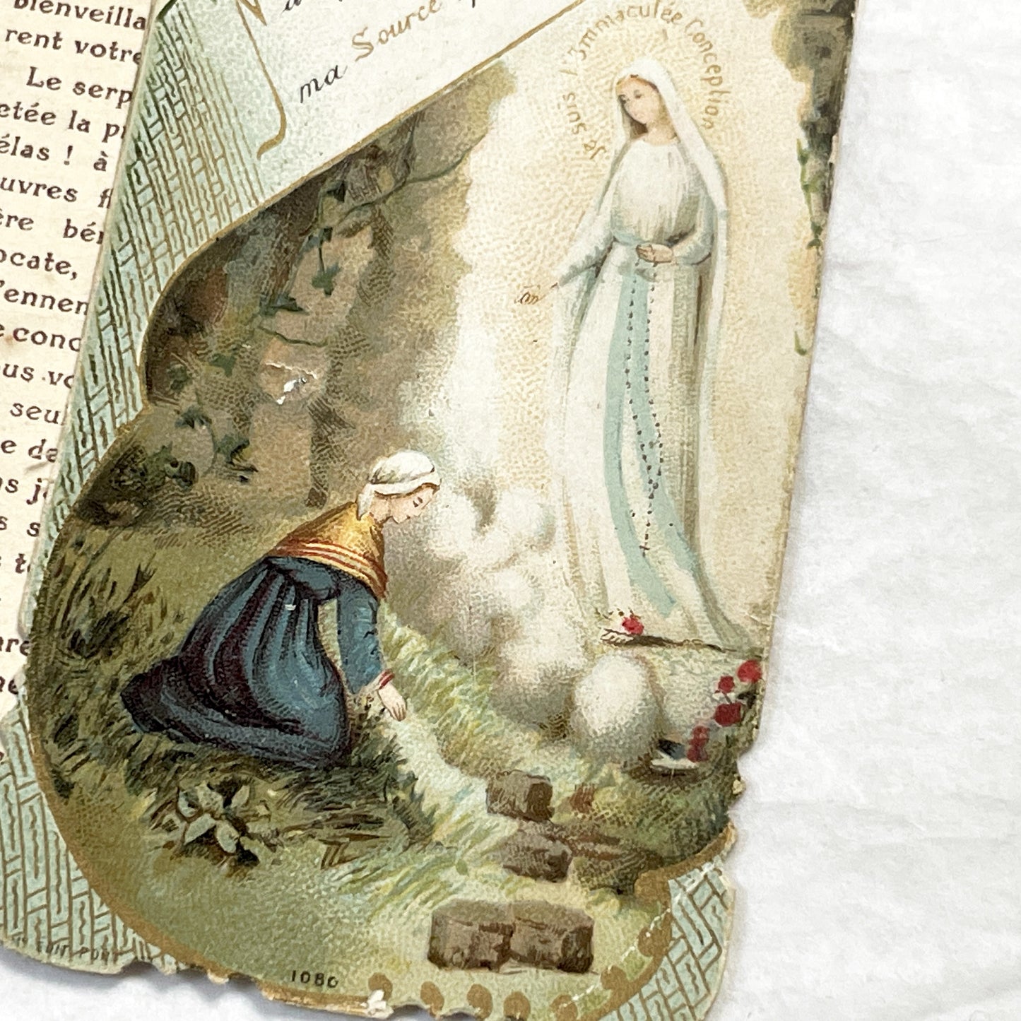 1900s - 3 Vintage French Religious Holy Cards Lourdes Apparitions - Our Lady of Oak Devotional Prayer Chromos - Antique Ephemera Set