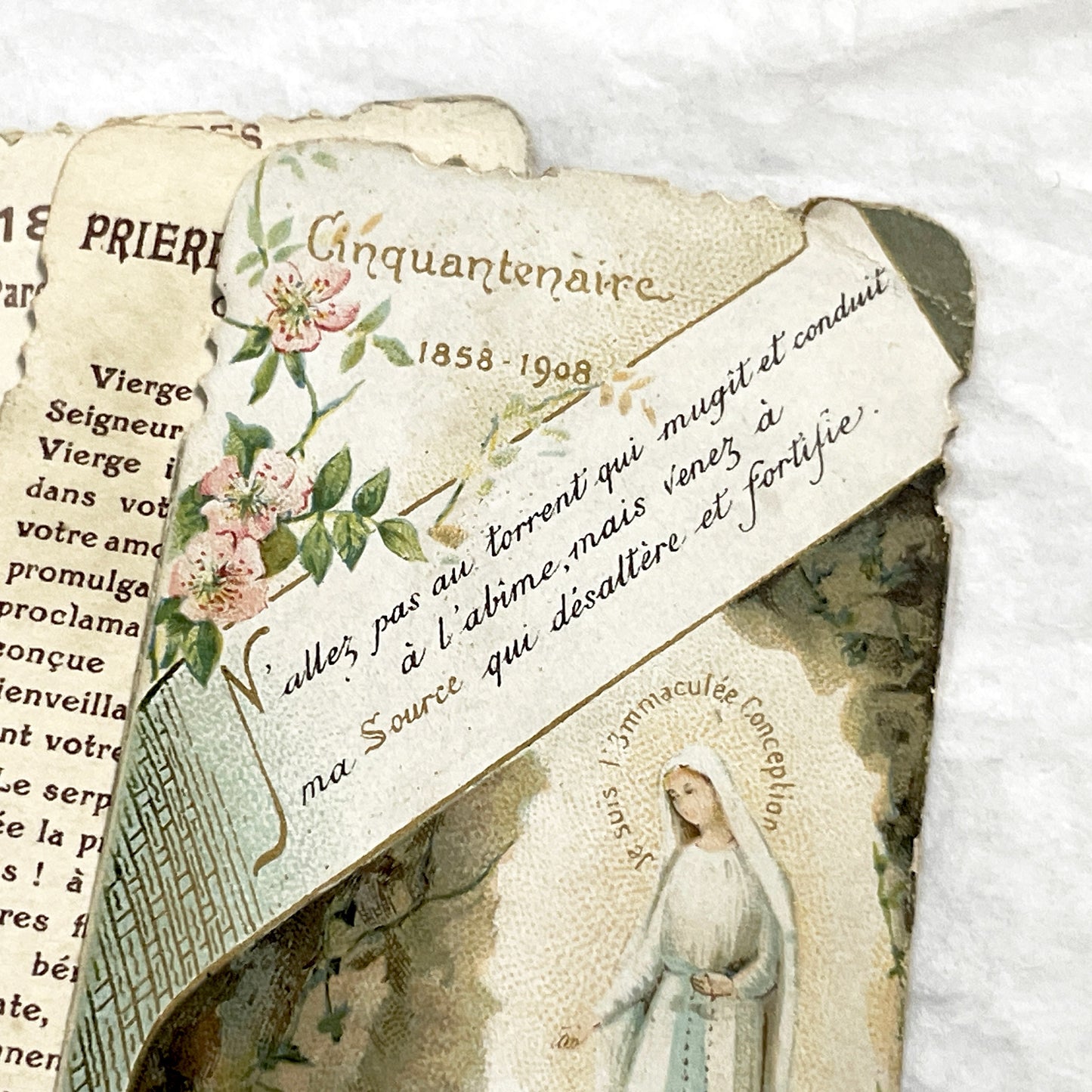 1900s - 3 Vintage French Religious Holy Cards Lourdes Apparitions - Our Lady of Oak Devotional Prayer Chromos - Antique Ephemera Set