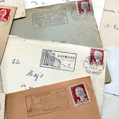 Lot of 20 1960s French envelopes with vintage stamps, diverse postmarks, and handwritten addresses.