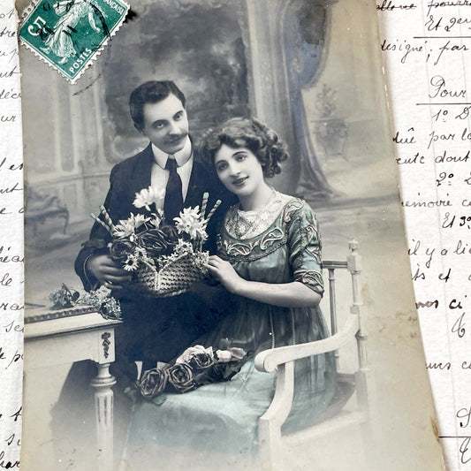 1910s - Vintage French Hand-Colored Romantic Postcard - Sentimental Couple Portrait - Studio Photo - Parisian Postcard - Antique Collectible