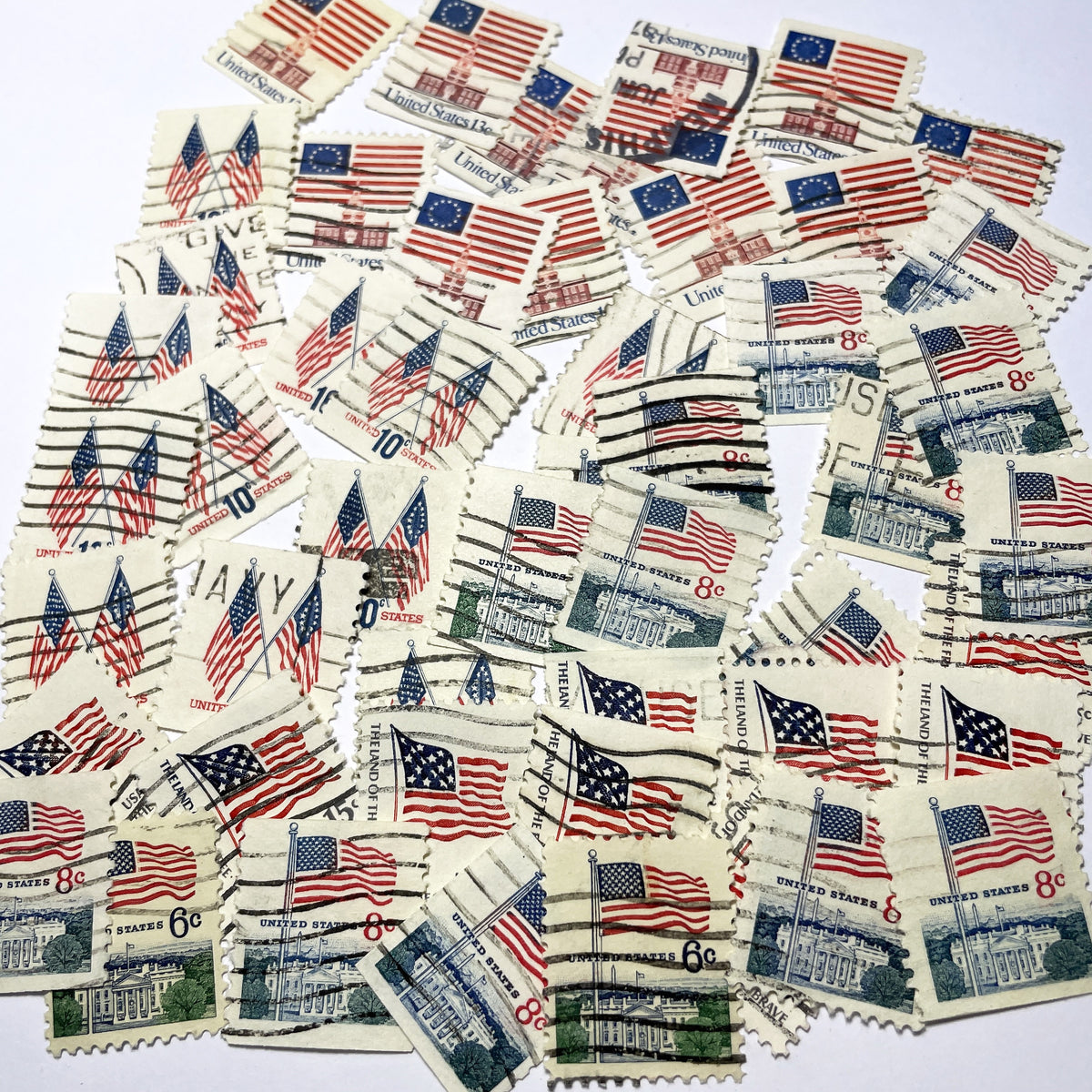 1970s - 50 Vintage United States Postage Stamps - Patriotic Flags - White House - Bicentennial Era Collectibles