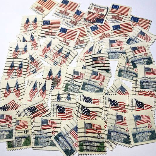 1970s - 50 Vintage United States Postage Stamps - Patriotic Flags - White House - Bicentennial Era Collectibles