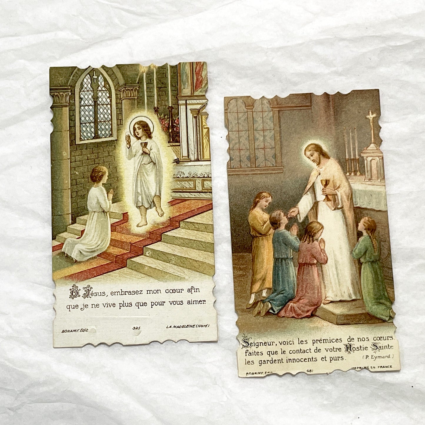 1910s - 2 Vintage French Religious Prayer Cards - Set of Two Devotional Holy Communion Chromolithographs - Early 20th Century Sacred Art